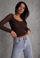 Ciemnobrązowa Bluzka Longsleeve z Siateczki z Wiskozą z Dekoltem w Serce Elinevia. Brązowe bluzki damskie Renee, l, bez wzorów, z wiskozy, bez kołnierzyka, bez ramiączek. Za 99.99 zł.