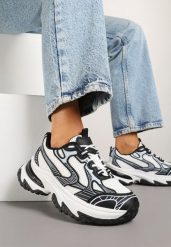 Czarne Sneakersy na Grubej Podeszwie Ozdobione Geometrycznym Motywem Mevillia. Czarne obuwie sportowe damskie Born2be, bez zapięcia, trekkingowe. Za 109.99 zł.