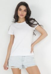 Biały Basicowy T-shirt Acatine. Białe t-shirty damskie Born2be, uniwersalny, bez wzorów, bez kołnierzyka. Za 29.99 zł.
