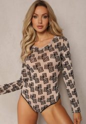 Ciemnobeżowe Body z Siateczki w Geometryczny Print Loreali. Brązowe body i gorsety Renee, bez wzorów. Za 39.99 zł.