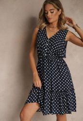 Granatowa Rozkloszowana Sukienka z Bawełną i Wiskozą ze Wzorem Kropek Lilamora. Niebieskie sukienki damskie Renee, bez wzorów, z bawełny, eleganckie, bez ramiączek. W wyprzedaży za 47.99 zł.