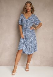 Niebieska Rozkloszowana Sukienka z Bawełny Zdobiona Kwiatowym Printem Arirelle. Niebieskie sukienki damskie Renee, z aplikacjami, z bawełny, eleganckie, bez ramiączek. W wyprzedaży za 55.99 zł.