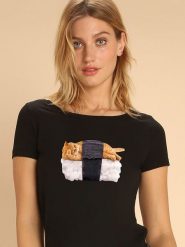 WOOOP Koszulka "Sushi Cat" w kolorze czarnym rozmiar: XL. Czarne bluzki damskie Wooop, xl, bez wzorów, bez kołnierzyka, bez ramiączek. Za 56.99 zł.