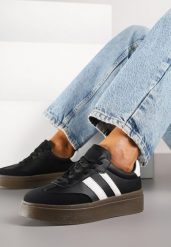 Czarne Sneakersy na Kauczukowej Podeszwie Ozdobione Paskami Nilimea. Czarne obuwie sportowe damskie Renee, z jeansu, bez zapięcia. Za 79.99 zł.