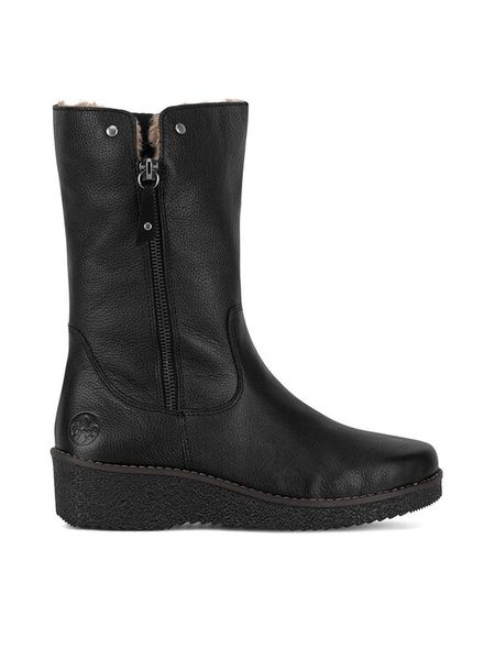 Rieker Kozaki Y4653-00 Czarny. Czarne kozaki damskie Rieker, ze skóry, bez obcasa, na koturnie, bez zapięcia. Za 449.99 zł.