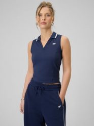 4F Top slim z kołnierzykiem damski - granatowy S. Niebieskie koszulki sportowe damskie 4F, s, bez wzorów, bez ramiączek, tenisowe. Za 79.99 zł.