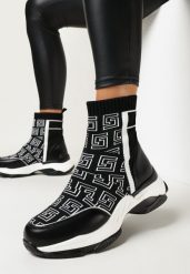Czarne Sneakersy na Płaskiej Grubej Podeszwie ze Skarpetkową Cholewką Sonvala. Czarne obuwie sportowe damskie Born2be, z materiału, za kostkę, bez zapięcia. Za 49.99 zł.