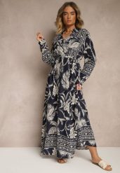 Niebieska Sukienka z Koszulową Górą i Egzotycznym Printem z Wiskozy Meriviona. Niebieskie sukienki damskie Renee, bez wzorów, z materiału, eleganckie, bez ramiączek. W wyprzedaży za 107.99 zł.