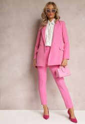 Różowe Dopasowane Spodnie Garniturowe High Waist z Paskiem w Talii Ozdobionym Klamrą Binah. Czerwone rurki damskie Renee, bez wzorów, z jeansu, z podwyższonym stanem. Za 89.99 zł.