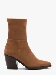 Brązowe wyższe botki z tkaniny na słupku. Brązowe botki damskie Ryłko, z tkaniny, bez obcasa, na obcasie, bez zapięcia. Za 479.99 zł.