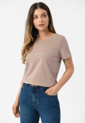Bawełniana koszulka T-PARSLEY. Brązowe koszulki damskie Volcano, l, z aplikacjami, z bawełny, bez kołnierzyka, bez ramiączek. Za 69.99 zł.