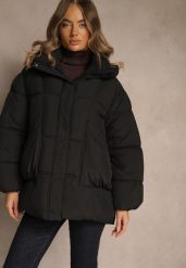 Czarna Kurtka Oversize z Pikowanymi Przeszyciami i Kapturem Galeana. Czarne kurtki damskie Renee, na zimę, l, bez wzorów, z dzianiny. Za 199.99 zł.