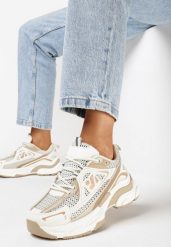 Beżowe Sneakersy na Masywnej Podeszwie z Licznymi Wstawkami Junioria. Brązowe obuwie sportowe damskie Born2be, bez zapięcia. Za 109.99 zł.