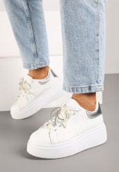 Biało-Srebrne Sneakersy na Grubej Podeszwie Ozdobione Perełkami na Sznurówkach Sellira. Białe obuwie sportowe damskie Born2be, z jeansu, bez zapięcia. Za 99.99 zł.