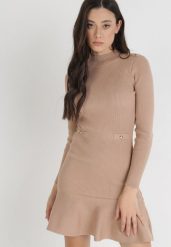 Beżowa Sukienka Dzianinowa Taerara. Brązowe sukienki damskie Born2be, bez wzorów, z dzianiny, bez ramiączek. W wyprzedaży za 152.99 zł.