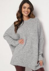 Jasnoszary Klasyczny Sweter o Kroju Oversize Zallelia. Szare swetry klasyczne damskie Born2be, na jesień, z wełny, bez kołnierzyka. Za 149.99 zł.