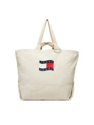 Tommy Jeans Torebka Tjw Wave Flag Med Tote AW0AW18466 Beżowy. Brązowe shopper bag Tommy Jeans, z jeansu, bez dodatków. Za 409.99 zł.