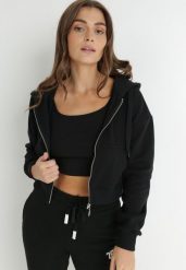 Czarna Bluza Zasuwana z Kapturem Albika. Czarne bluzy damskie Born2be, uniwersalny, bez wzorów, z dzianiny, z kapturem. Za 39.99 zł.