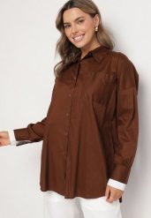 Brązowa Klasyczna Koszula z Bawełny o Kroju Oversize Ronavelle. Brązowe koszule damskie Born2be, uniwersalny, bez wzorów, z bawełny, biznesowe, bez kołnierzyka, bez ramiączek. Za 99.99 zł.