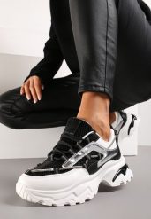 Czarno-Białe Sneakersy z Metalicznymi Wstawkami na Niskiej Platformie z Ozdobnym Sznurkiem Oiriema. Czarne obuwie sportowe damskie Renee, bez zapięcia. Za 99.99 zł.
