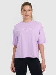 4F T-shirt oversize z nadrukiem damski - fioletowy M. Fioletowe t-shirty damskie 4F, m, bez wzorów, bez kołnierzyka. Za 59.99 zł.