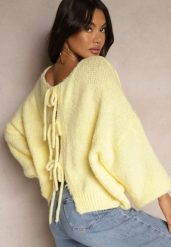 Żółty Kardigan z Wełną o Kroju Oversize z Wiązanymi Kokardami Elearina. Żółte kardigany damskie Renee, bez wzorów, z jeansu. Za 139.99 zł.