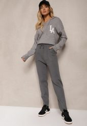 Ciemnoszare Spodnie z Bawełną High Waist Ozdobione Sznurkiem Venaline. Szare spodnie materiałowe damskie Renee, bez wzorów, z bawełny. Za 59.99 zł.
