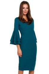 Sukienka na wesele elegancka midi z bufiastymi rękawami morski. Zielone sukienki damskie Makover, bez wzorów, eleganckie, bez ramiączek. Za 289.00 zł.
