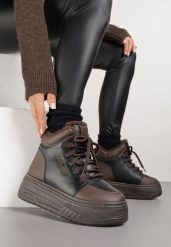 Czarno-Brązowe Sneakersy Śniegowce Vices na Grubej Podeszwie z Tłoczeniem Ozdobione Napisem Fettania. Czarne obuwie sportowe damskie Born2be, z jeansu, bez zapięcia. Za 109.99 zł.