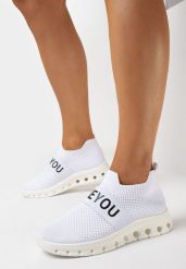 Białe Buty Sportowe ze Skarpetkową Cholewką i Napisem Thirllas. Białe obuwie sportowe casual damskie Born2be. Za 54.99 zł.