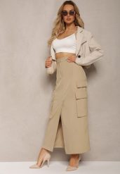 Beżowa Spódnica Utility z Kieszeniami na Klapy Inno. Brązowe spódnice damskie Renee, do pracy, l, bez wzorów, z materiału, biznesowe, maxi. Za 119.99 zł.