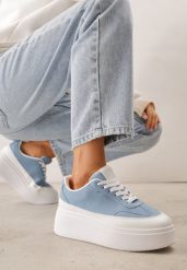 Niebieskie Sneakersy VICES na Platformie z Ozdobnym Noskiem Attis. Niebieskie obuwie sportowe damskie Renee, z materiału, bez zapięcia. Za 89.99 zł.