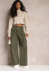 Zielone Szerokie Spodnie High Waist w Stylu Cargo Vomisal. Zielone spodnie materiałowe damskie Renee, bez wzorów, z jeansu. Za 109.99 zł.