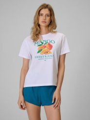 4F T-shirt loose z nadrukiem damski - biały S. Białe t-shirty damskie 4F, s, bez wzorów, z bawełny, bez kołnierzyka. Za 69.99 zł.