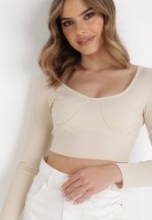 Beżowa Bluzka Teofistos. Brązowe bluzki damskie Born2be, s, bez wzorów, z dzianiny, wizytowe, bez kołnierzyka, bez ramiączek. Za 14.99 zł.