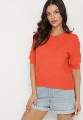 Pomarańczowy Sweter z Wełną i Krótkim Rękawem Turosa. Brązowe swetry klasyczne damskie Born2be, z jeansu, bez kołnierzyka. Za 109.99 zł.