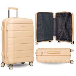 Beżowa, mała walizka kabinowa z polipropylenu z wysuwaną, teleskopową rączką Peterson Beżowa listonoszka damska ze skóry ekologicznej zamykana suwakie. Brązowe walizki Peterson, bez wzorów, ze skóry ekologicznej, małe. Za 117.99 zł.