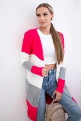 Sweter Kardigan w pasy malinowy+ecru. Różowe kardigany damskie KESI, l, bez wzorów, z wełny. Za 178.78 zł.