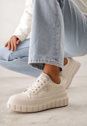 Beżowe Sneakersy VICES na Tłoczonej Podeszwie w Stylu Chunky Myninis. Brązowe obuwie sportowe damskie Renee, z koronki, bez zapięcia. Za 99.99 zł.