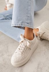 Beżowe Koronkowe Sneakersy na Platformie z Tłoczeniem i Brokatem Phisnell. Brązowe obuwie sportowe damskie Renee, z koronki, bez zapięcia. Za 119.99 zł.