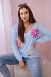 Bluzka sweterkowa z kwiatowym wzorem niebieska. Niebieskie swetry klasyczne damskie KESI, l, z jeansu, bez kołnierzyka, plus size. Za 271.84 zł.
