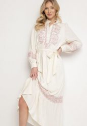 Jasnobeżowa Rozkloszowana Sukienka z Wiskozy w Stylu Boho ze Stójką i Haftem Kolionisea. Brązowe sukienki damskie Born2be, bez wzorów, z wiskozy, boho, bez ramiączek. W wyprzedaży za 237.99 zł.