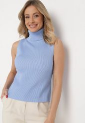 Jasnoniebieska Bluzka z Golfem bez Rękawów z Elastycznego Materiału Heliordia. Niebieskie golfy damskie Born2be, uniwersalny, bez wzorów, bez ramiączek. Za 39.99 zł.