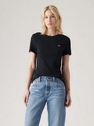 Levi's Koszulka "Essential" w kolorze czarnym rozmiar: S. Czarne bluzki damskie Levi's, s, bez wzorów, z bawełny, bez kołnierzyka, bez ramiączek. Za 85.38 zł.