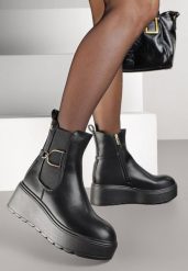 Czarne Botki Sztyblety Vices na Platformie Ozdobione Klamrami Falinnea. Czarne botki damskie Renee, eleganckie, bez obcasa, na platformie, bez zapięcia. Za 129.99 zł.