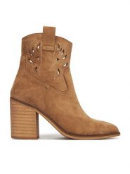 DeeZee Botki 220565-1 Brązowy. Brązowe botki damskie DeeZee, z materiału, bez obcasa, na słupku, bez zapięcia. Za 169.99 zł.
