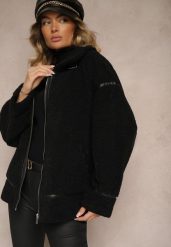 Czarna Futerkowa Kurtka o Kroju Oversize z Wysokim Kołnierzem z Paskiem z Klamerką Toriara. Czarne kurtki damskie Renee, l, bez wzorów, bez kaptura. Za 339.99 zł.