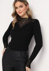 Czarny Golf z Przeźroczystymi Wstawkami Faelis. Czarne golfy damskie Born2be, z aplikacjami, z dzianiny, bez ramiączek. Za 54.99 zł.