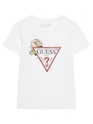 Guess T-Shirt K6RI09 K6YW4 Biały Regular Fit. Białe koszulki i t-shirty dziewczęce Guess, z aplikacjami, z bawełny, bez kołnierzyka, bez ramiączek. Za 89.99 zł.