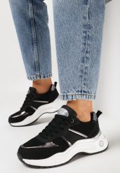 Czarne Sneakersy na Płaskiej Podeszwie z Metalicznymi i Brokatowymi Wstawkami Acrila. Czarne obuwie sportowe damskie Born2be, na jesień, bez zapięcia. Za 54.99 zł.